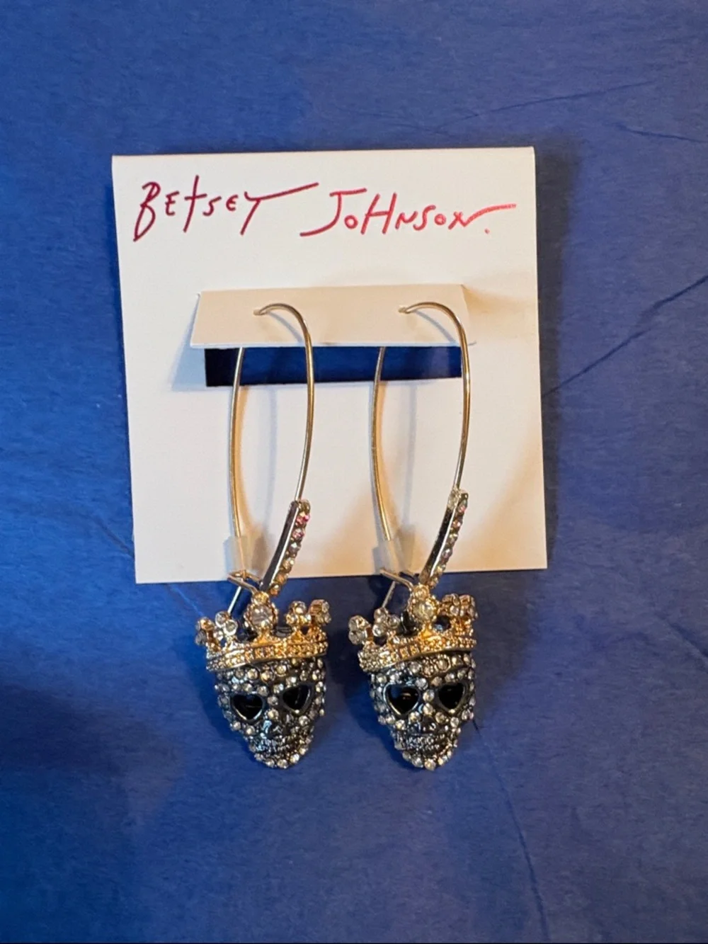 Betsey Johnson Crystal Crowned Skull Hoop Earrings - Picture 2 of 2